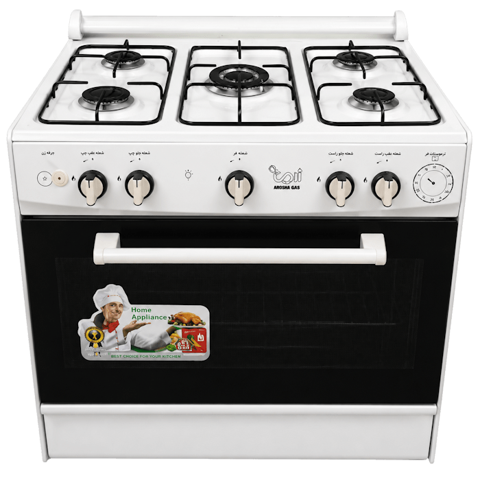 اجاق گاز طرح فر ۵ شعله زرین مدل ZG-5000 با فندک تک درب سفید